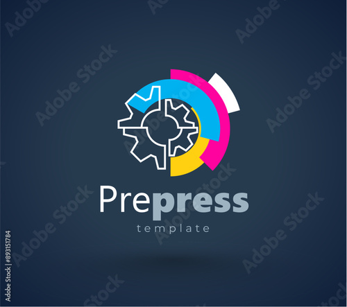Logo Prepress. Gear Printing СMYK theme. Abstract Roller ink. Template design vector. Black background.