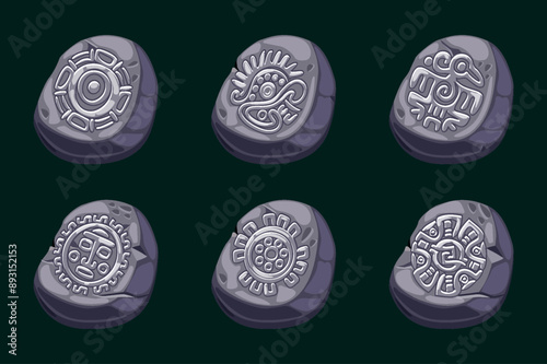 Vector stone with Aztec symbols, hieroglyphs of the Maya calendar. Symbols for your 2D games or slots