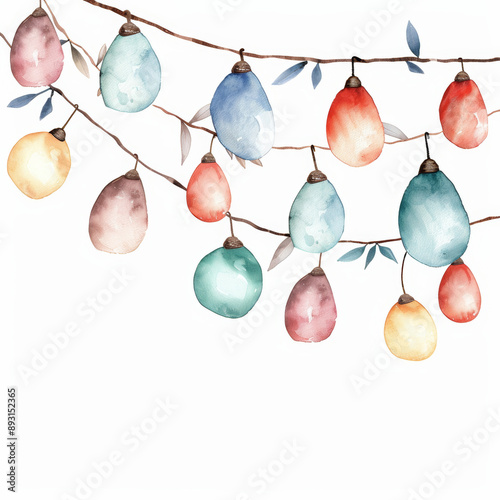 Watercolor String Lights on Branch with Pastel Leaves Festive and Decorative Art