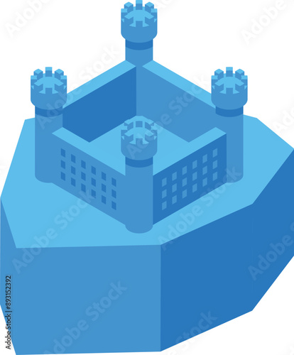 Blue isometric medieval castle standing on rock platform is a simple 3d illustration