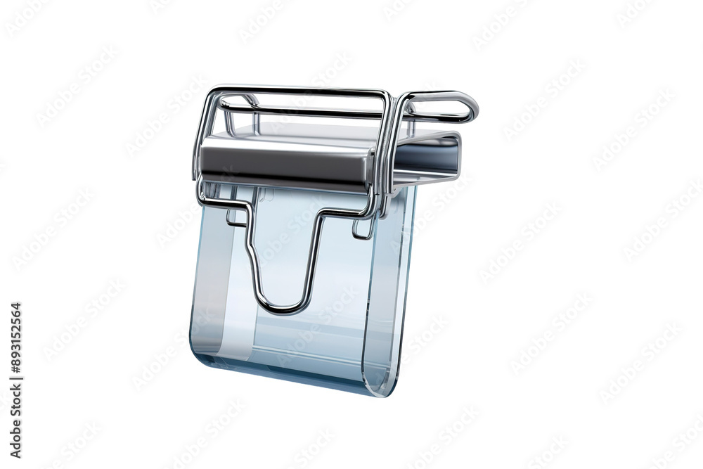 A Metallic Clip Holding a Transparent Container Against a White Background on a Clear PNG or White Background. A Metallic Clip Holding a Transparent Container Against a White Background on a Clear PNG or White Background.
