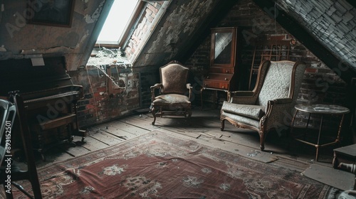 Haunted attic with old, dusty furniture