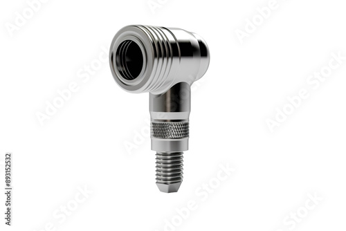 A Shiny Silver 90-Degree Adapter for Connecting Tubes on a Clear PNG or White Background.