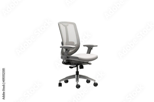 A Grey Mesh Office Chair Stands Ready For Work on a Clear PNG or White Background.