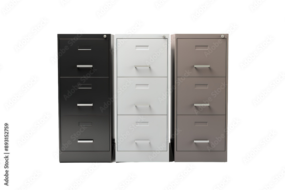 Three Steel Filing Cabinets in Black, White, and Gray on a Clear PNG or White Background. Three Steel Filing Cabinets in Black, White, and Gray on a Clear PNG or White Background.