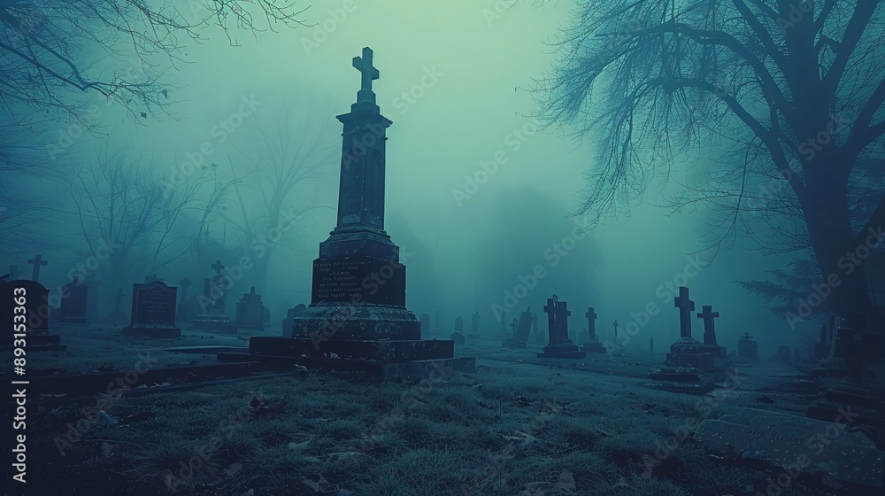 Eerie graveyard with ghostly apparitions and fog Eerie graveyard with ghostly apparitions and fog