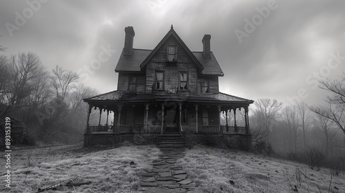Eerie haunted house with ghostly figures in the windows