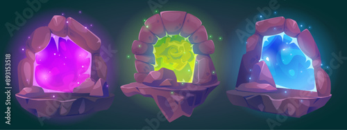 Magic portal on stone ui game. Fantasy gate to wizard dimension. Green door as entrance to parallel fantastic universe. Adventure teleport hole inside arch to travel. Abstract island with doorway