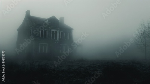 Eerie fog covering a haunted house