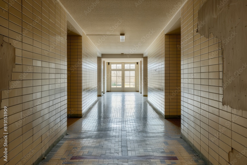 Interior of an empty corridor with brick walls and tiles. Interior of an empty corridor with brick walls and tiles.