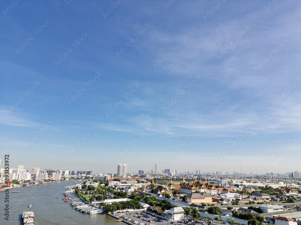 Aerial view Wat Arun Ratchawaram in morning with curve of chao phraya river sunset light Aerial view Wat Arun Ratchawaram in morning with curve of chao phraya river sunset light