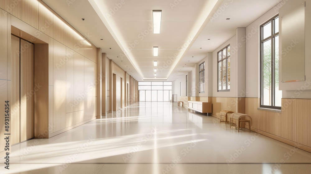 A spacious, empty school corridor with neutral tones and minimalist design A spacious, empty school corridor with neutral tones and minimalist design