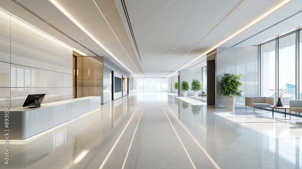 A spacious lobby in a contemporary office building with bright lighting and sleek design A spacious lobby in a contemporary office building with bright lighting and sleek design