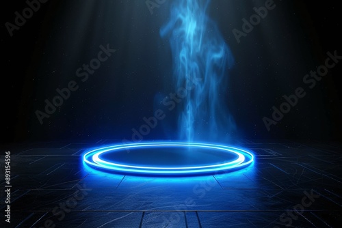 Wallpaper Mural High-tech holographic display or virtual portal featuring neon blue rings and rays on a dark backdrop. 3D illustration of a futuristic stage or platform. Sci-fi cyberpunk teleportation stand. Torontodigital.ca