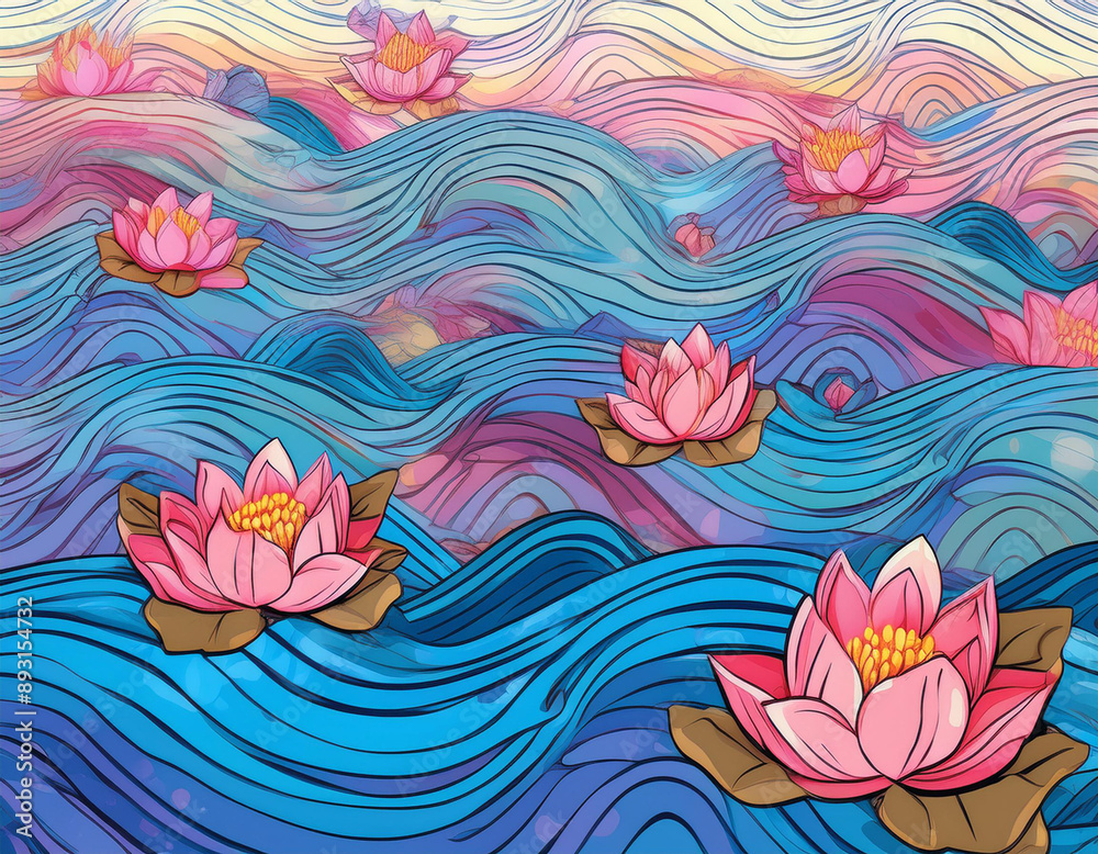 Waves with Floating Lotus Flowers