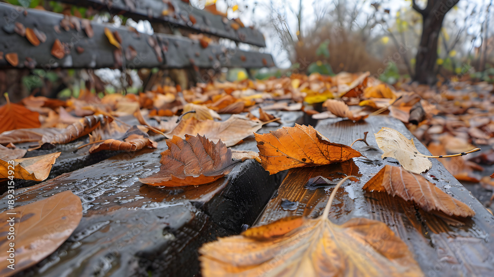 a wooden bench covered in fallen leaves, viewed from ground level. a wooden bench covered in fallen leaves, viewed from ground level.