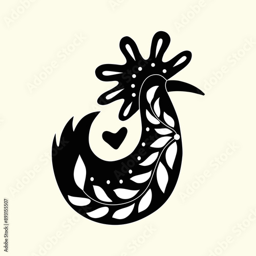  Folk ornamental bird and heart. Best for greeting card. Template vector illustration. 