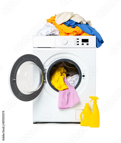 White Front Load Washing Machine With Clothes Inside and Laundry Detergent photo