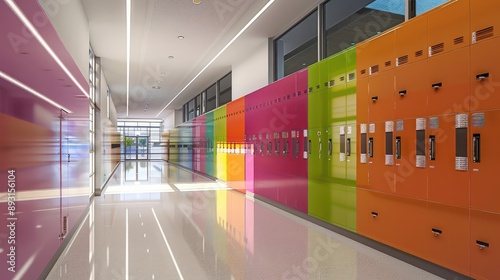 A spacious school corridor with sleek, vibrant lockers and a bright feel
