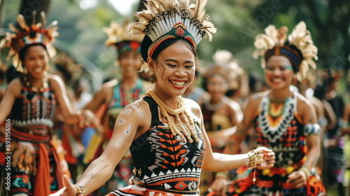 Smiling woman dancing in traditional headwear at a cultural celebration