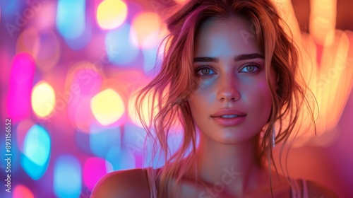 A Close up of a Woman's Face With Colorful Lights in the Background - Generative AI