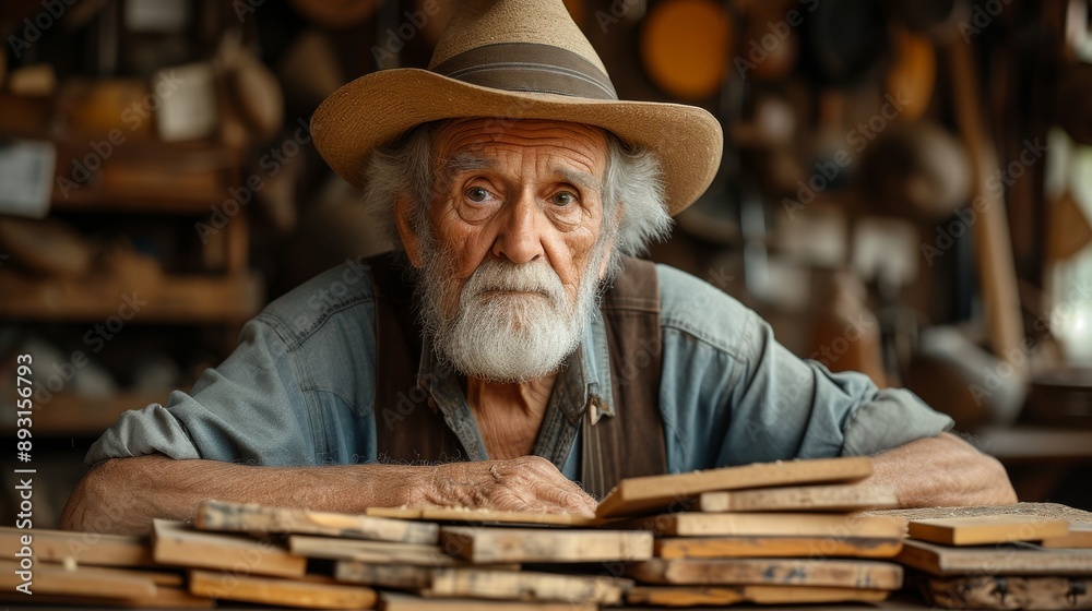 A Man With a Hat and Beard Sitting at a Table With a Pile of Woods Next to Him - Generative AI