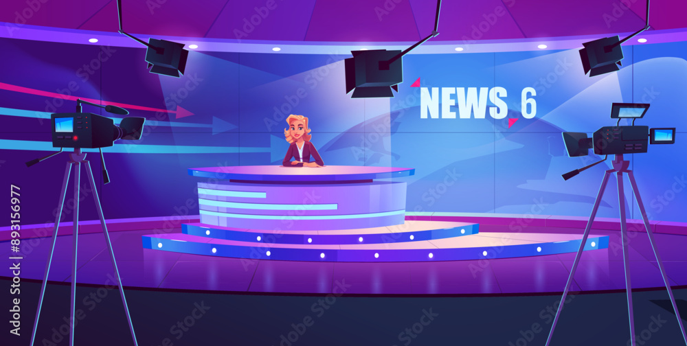 Tv news show studio room with desk for broadcast. Program presenter in newsroom with stage. Television channel woman announcer in booth with screen. Broadcaster character recording video illustration