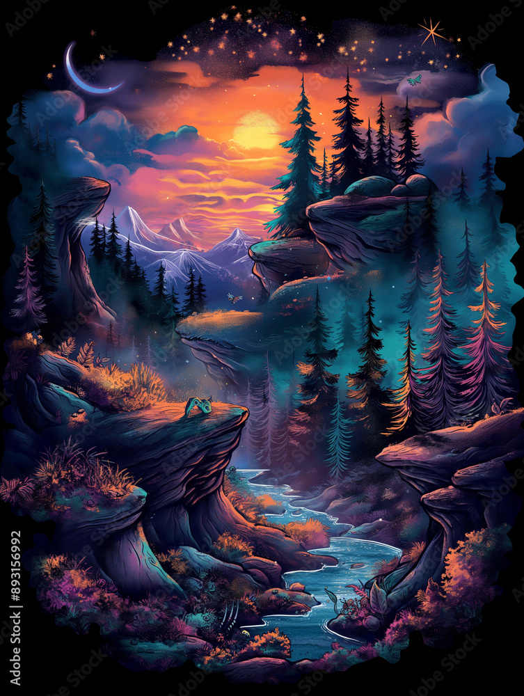 Obraz premium A t-shirt design of a breathtaking fantasy landscape showcasing a glowing sunset sky, pine trees, rugged mountains, and a serene river flowing through rocky terrain.