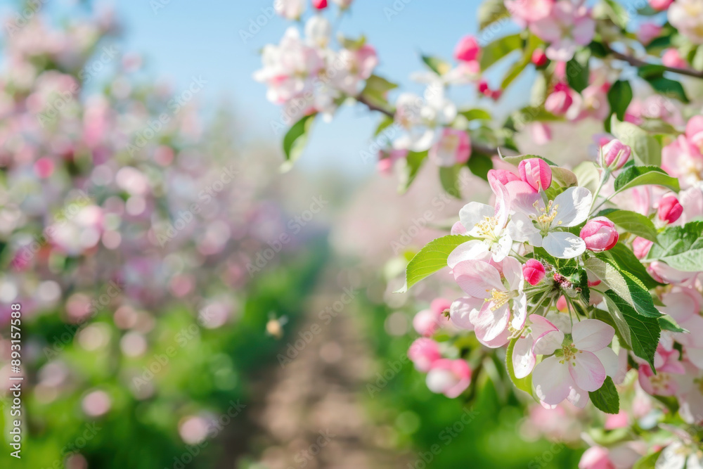 Apple blossoms in full bloom within an apple orchard, with a soft-focus background Apple blossoms in full bloom within an apple orchard, with a soft-focus background