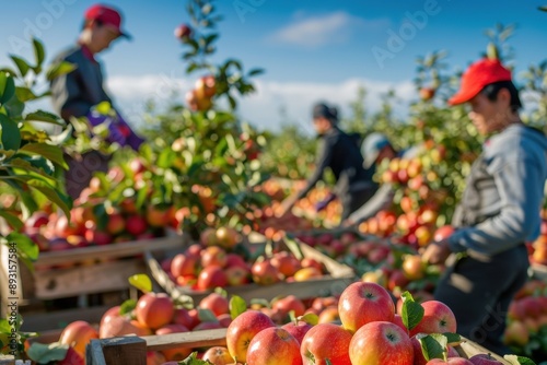 Apple orchard during harvest season, with workers picking ripe apples from trees under a clear blue sky photo