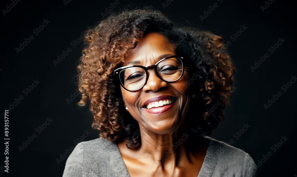 Confident, smiling mature woman with curly hair and glasses on black background Confident, smiling mature woman with curly hair and glasses on black background