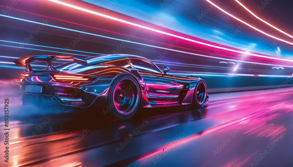 Naklejka premium Virtual racing: neon-powered automotive motion with high-speed sports cars and AI-driven racing effects