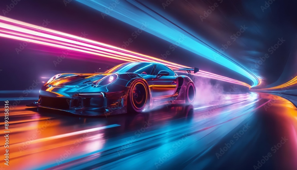 Sports car performance and high-performance automotive show on neon-lit tracks Sports car performance and high-performance automotive show on neon-lit tracks
