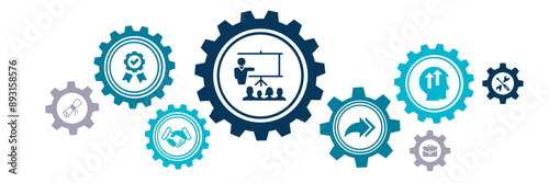 Apprenticeship / traineeship vector illustration. Blue banner related to apprentice, intern or trainee mentoring program, job training or coaching, training on the job, vocational / practical learning
