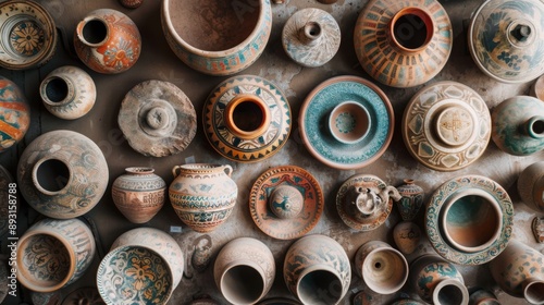 A Wall Covered With a Variety of Pottery and Vases From All Over the World - Generative AI