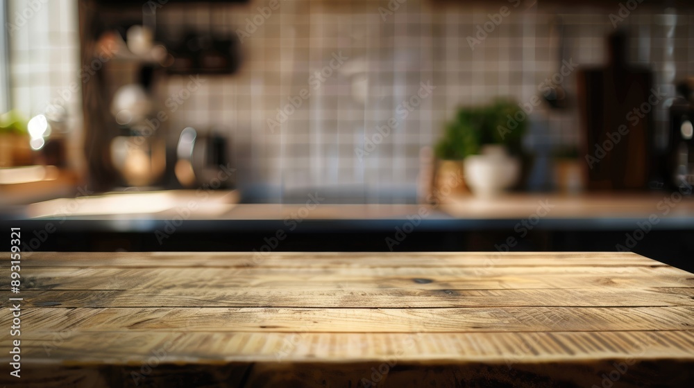 Wooden table surface against blurred kitchen backdrop for product display or design visual layout. Wooden table surface against blurred kitchen backdrop for product display or design visual layout.
