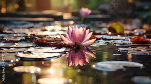 A beautiful pink waterlily or lotus flower in pond  