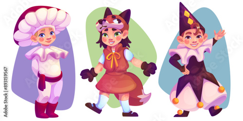 Children in carnival costumes set isolated on white background. Vector cartoon illustration of happy kids wearing mushroom, fox, harlequin dresses, boys and girl dancing at theater stage, school show