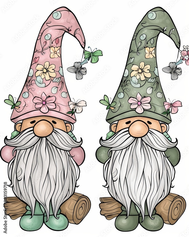 Identical Gnomes: One in Color and One in Black and White Outline ...