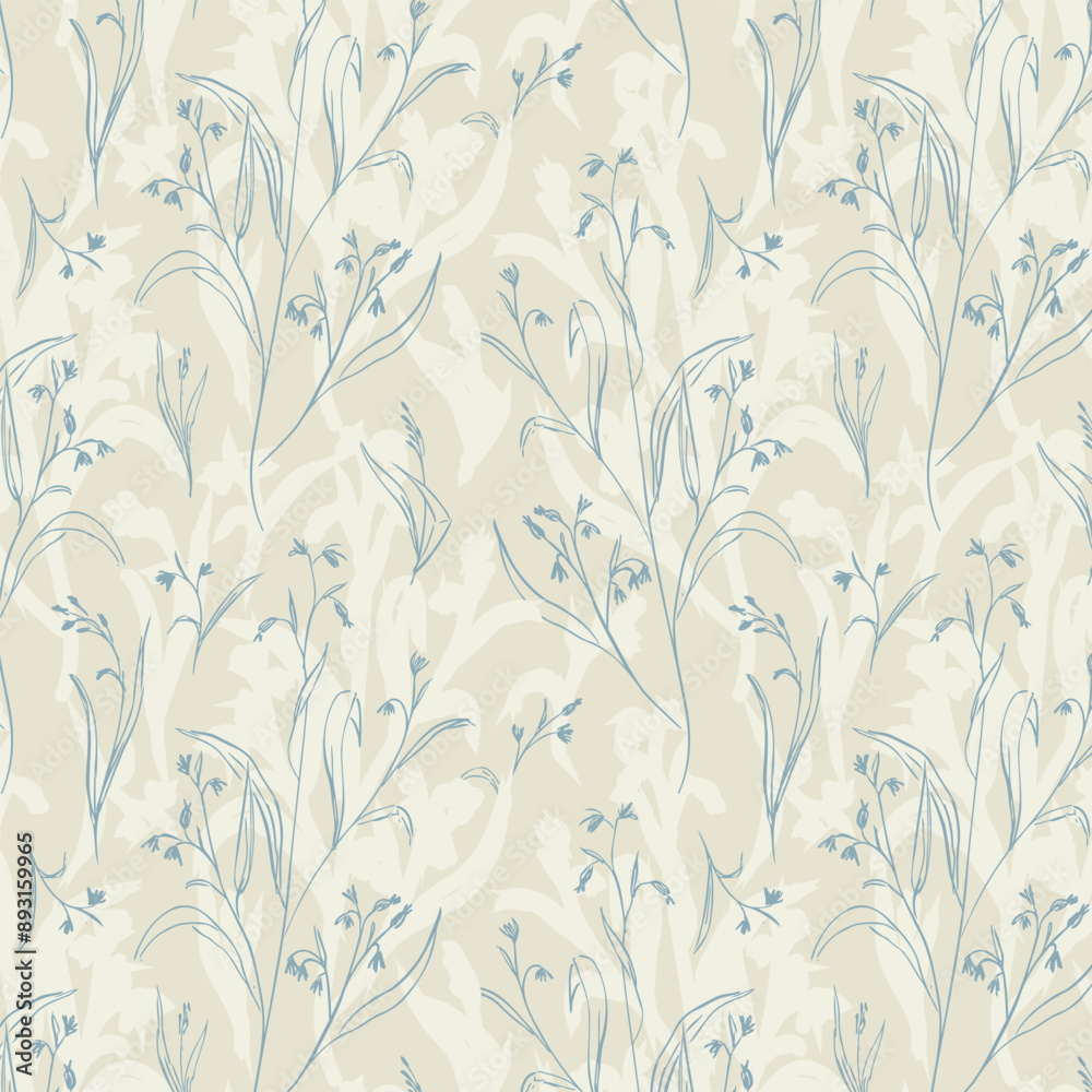 Endless herbal blue and beige pattern of casual hand drawn plants