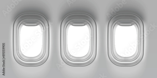 Plane window on flight. 3d aircraft inside view. Airline travel illustration for vacation mockup. White realistic layout of plain illuminator element set. Business journey or voyage transport.