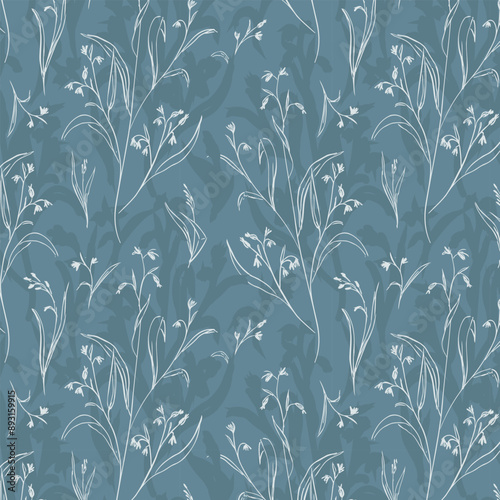 Seamless blue gray botanical pattern of casual hand drawn plants