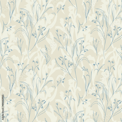 Endless herbal blue and beige pattern of casual hand drawn plants