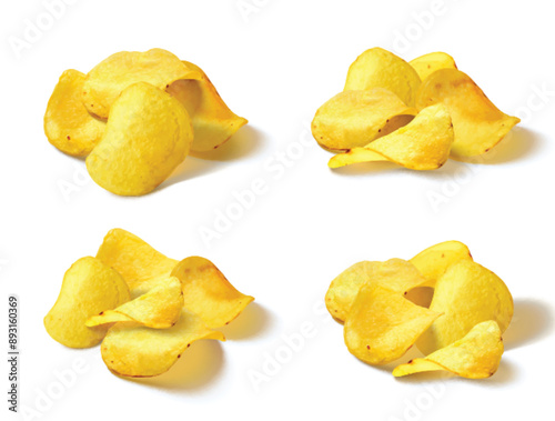 Potato chip pile. 3d realistic slice snack vector. Crisps food for advertising. Crunchy fat and salted meal set for party. Detailed spicy gourmet chips advertisement isolated on white background.