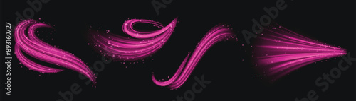 Pink wind wave. Magic air fragrance flow effect. 3d light vortex with neon line and glitter isolated vector. Realistic perfume scent or fairy whirlwind on black background. Swoosh energy glow
