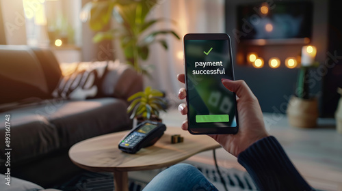 Person shopping online at home holding a phone with payment successful on screen display which validate the purchase made from e-shopping , electronic commerce consumer buy goods over Internet