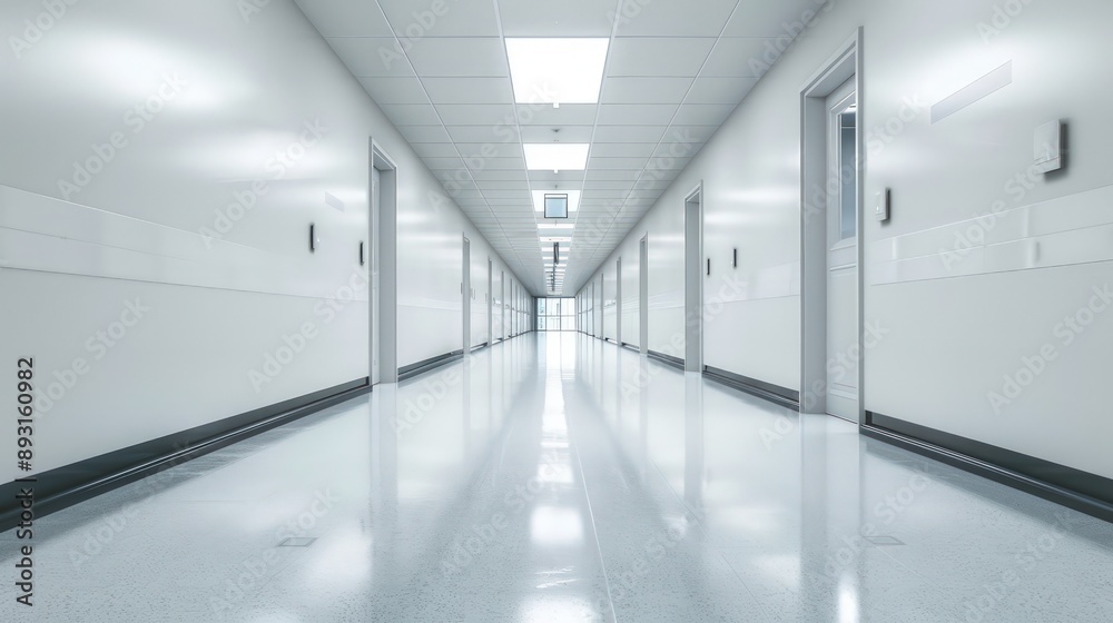 An empty school corridor with bright lighting and clean, white walls An empty school corridor with bright lighting and clean, white walls