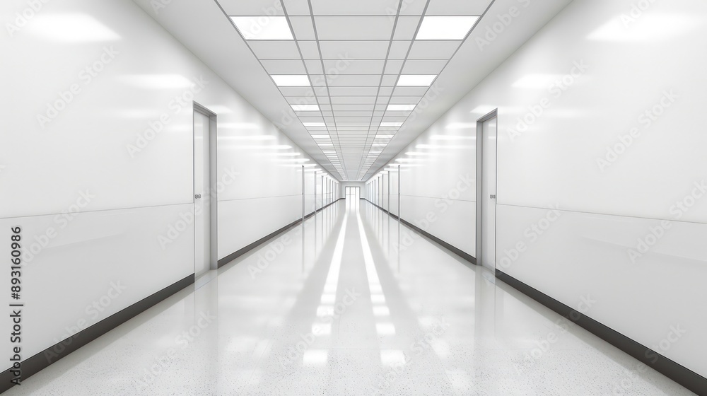 An empty school corridor with white walls and minimalist d?(C)cor An empty school corridor with white walls and minimalist d?(C)cor
