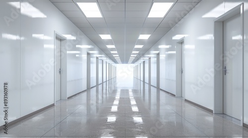 An empty school corridor with bright lighting and clean, white walls