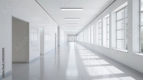 An empty school corridor with white walls and minimalist d?(C)cor